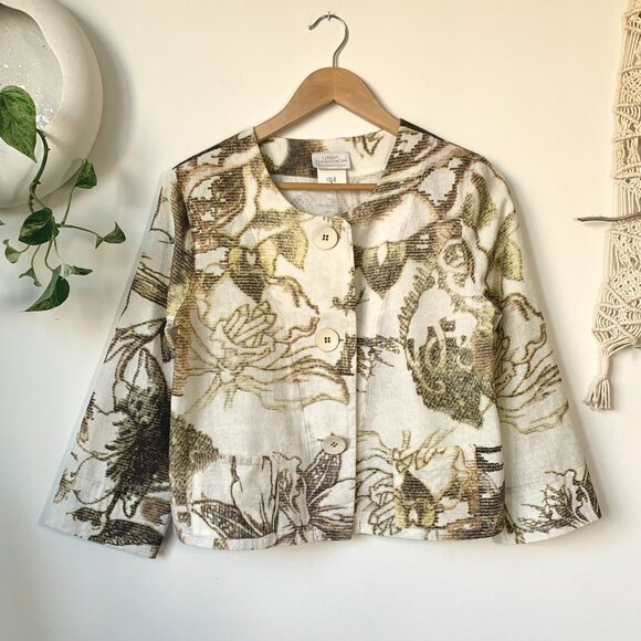 Linda Lundstrom Lightweight Jacket Crop Button Up Floral Coastal Mediterranean - Picture 1 of 16